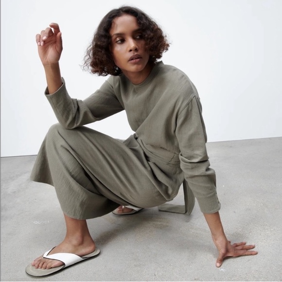 ZARA Linen Blend Midi Dress with Tie Belt Size Large Khaki - Picture 4 of 5